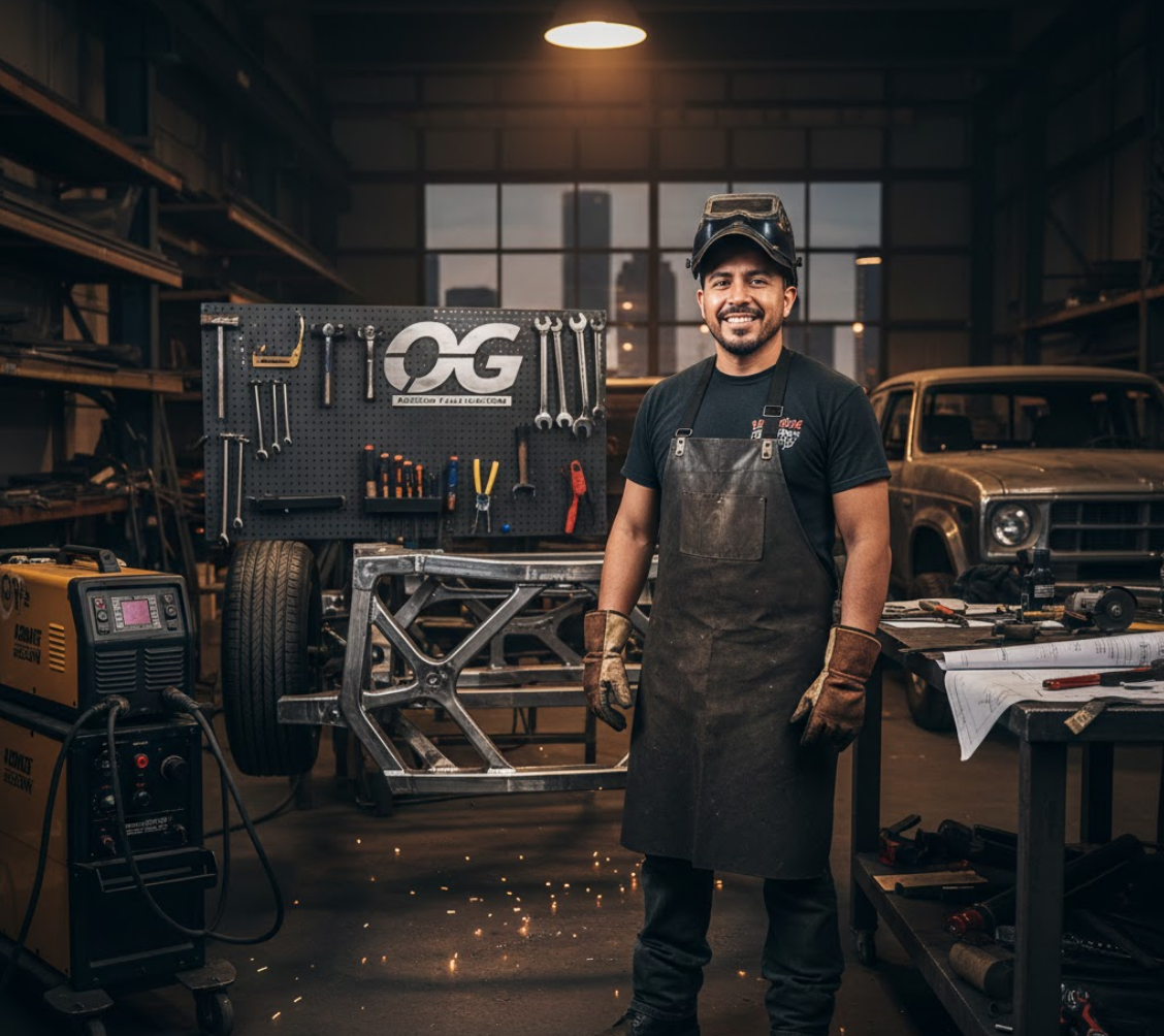 Oliver in his shop wearing safety gear